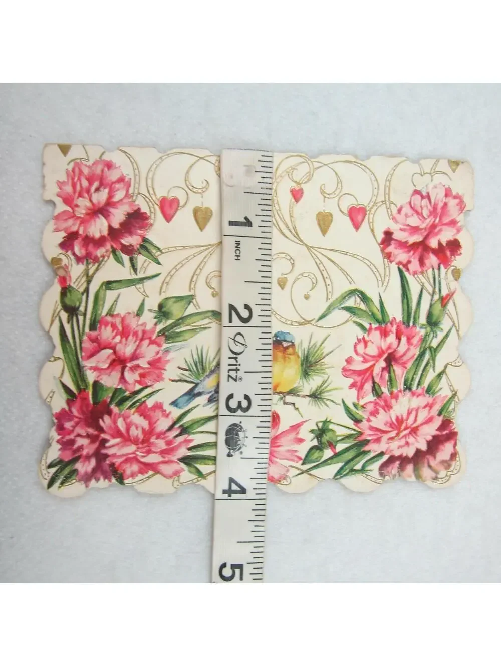 Vintage Valentine Card Pink Carnation Flowers & Blue Birds Gold Scroll Hearts